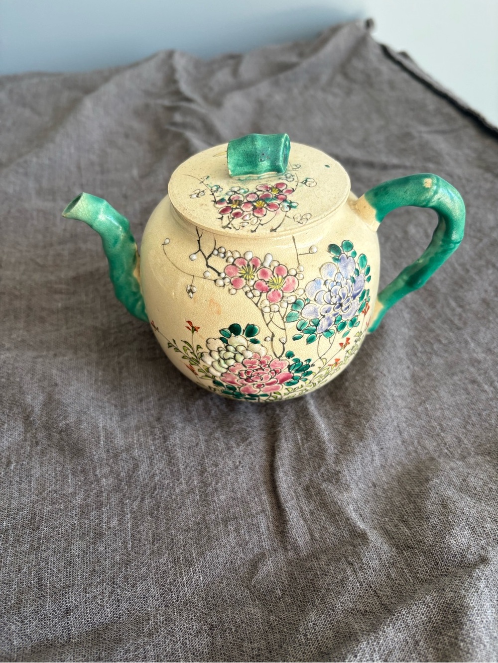 Hand-Painted Floral Ceramic Teapot - Cream and Green